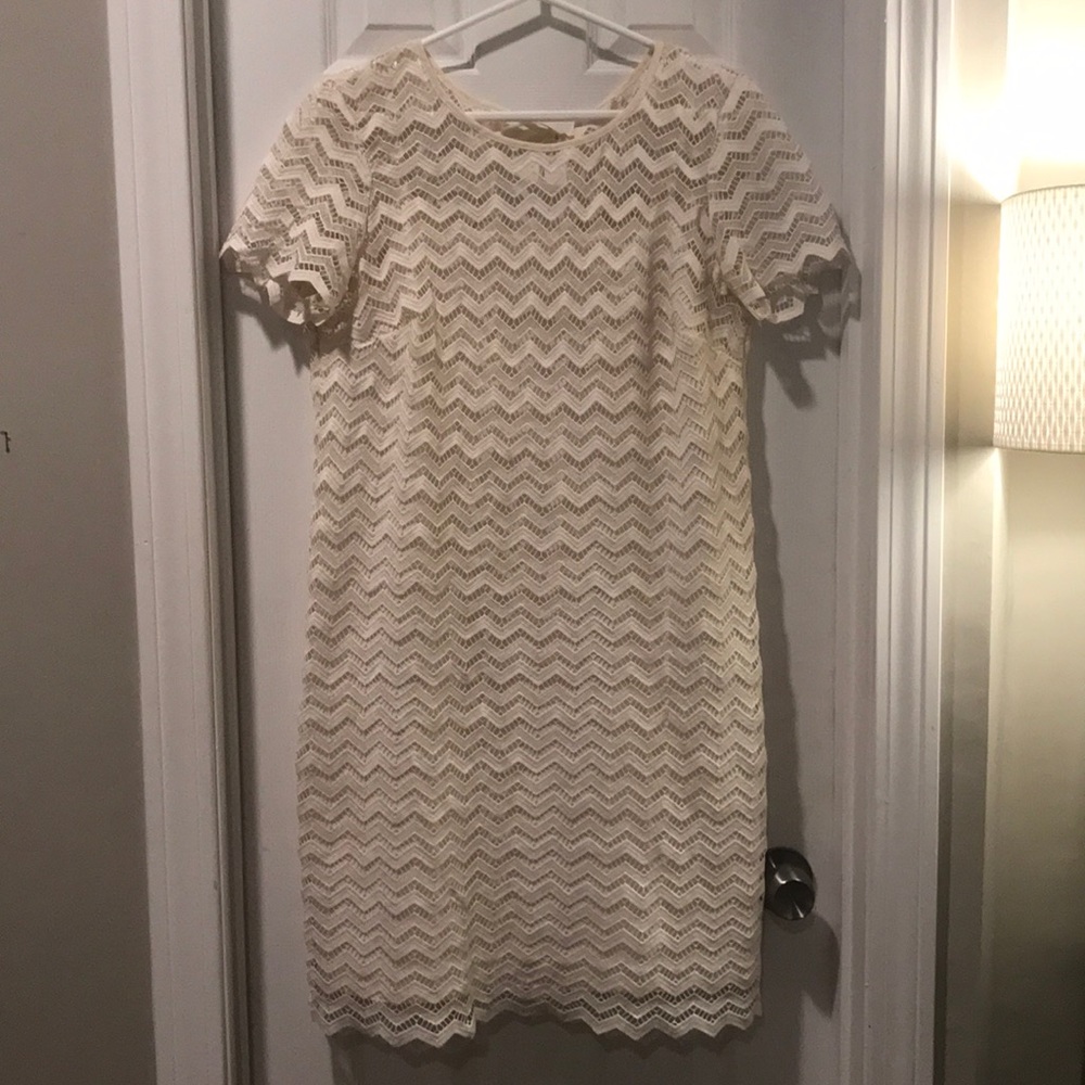 White tall chevron lace shift dress